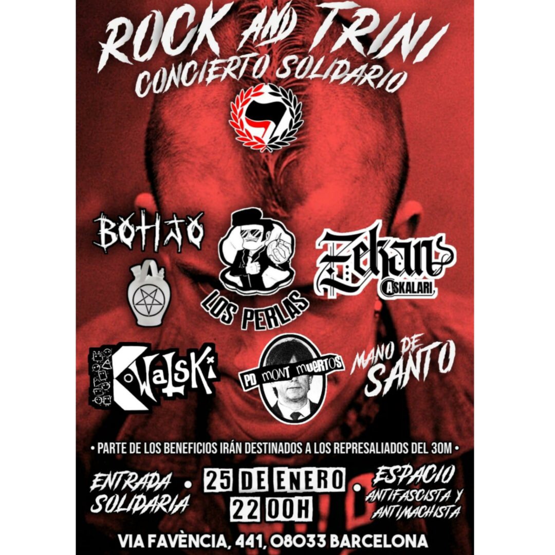 detenidas_30m's tweet photo. Concierto solidario día 25 de enero en el Rock&Trini!! #Zekan #ManoDeSanto #Botijo #Kowalsky #LosPerlas #PdMontmuertos *Entrada Solidaria* https://t.co/zAi0l2wwYQ