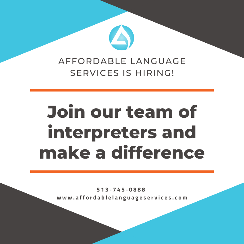AffordableLang's tweet photo. We are recruiting the best interpreters in the Cincinnati and Dayton region. Make a difference for students, teachers, patients and medical personnel by using your language skills and cultural knowledge!
Learn more by calling our recruiting team immediately - 513.745.0888 https://t.co/b5UAzSQK6Q