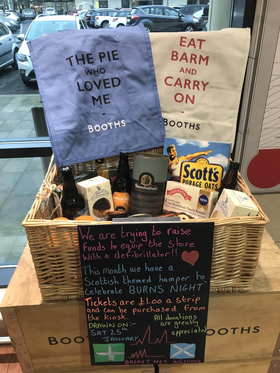 BoothsCountry's tweet photo. Team #Chorley are fundraising for a defibrillator for the store &amp; this month's raffle prize is Scottish themed in honour of #BurnsNight! Tickets are £1 per strip, available from the kiosk in store 🙌 We appreciate any donations made 😊 https://t.co/po7NSYM2v8