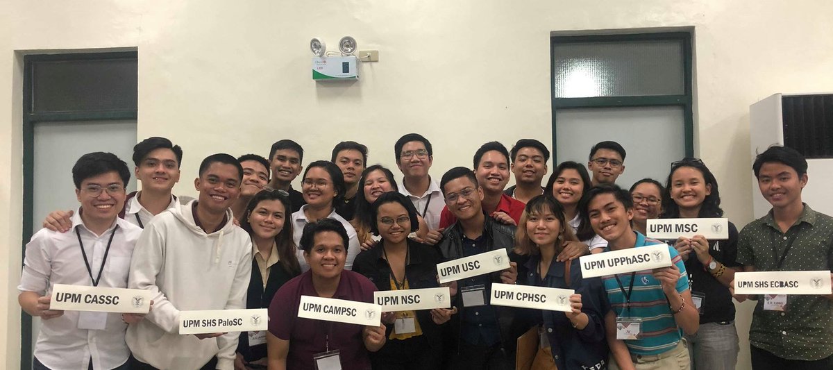 UPMUSC's tweet photo. The UP Manila contingent comprising of the UPM USC, CAMPSC, CASSC, CDSC, MSC, NSC, UPPHASC, CPHSC, and the councils of UPM SHS extension campuses Baler, Palo, and Koronadal - ECBA SC, Palo SC, and ECSC SC - participated in the 49th GASC in UP Los Baños. #GASC49 https://t.co/I7zKHx4NJw