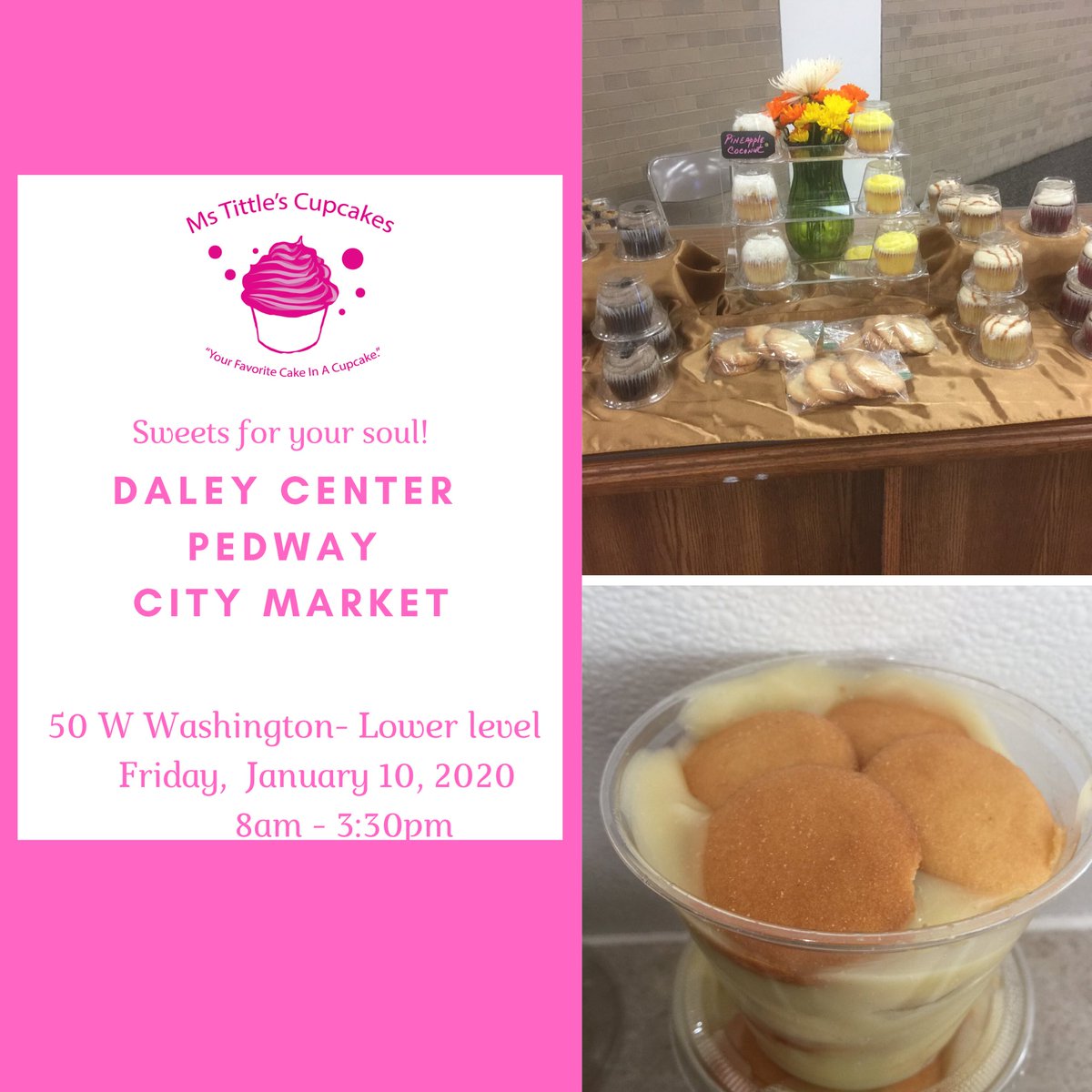 It’s Friday. <a href="/TittlesCupcakes/">Ms Tittle's Cupcakes</a> in #DaleyCenter 50 W Washington #CityMarketPedway 8:3:30pm. Stop by and get some #Sweetsforyoursoul #cupcakes #Bananapudding #Buttercookies
