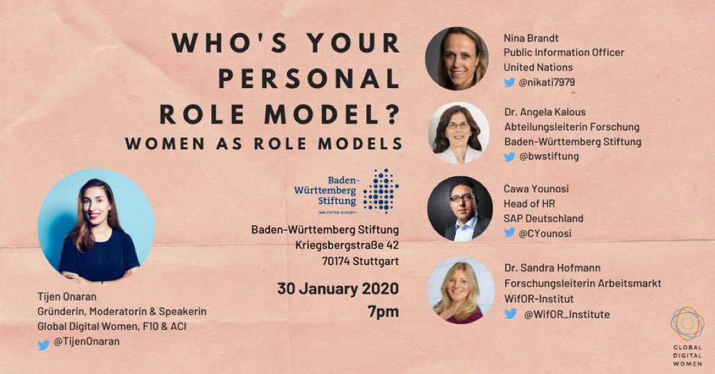 bwstiftung's tweet image. Der Countdown läuft: Noch 20 Tage bis zum ersten #GlobalAfterwork in BW. Gemeinsam mit @gd_women fragen wir herausragende Frauen und Männer: Who‘s your personal role model? @stiftungstweet #GDW #GDWinSTR