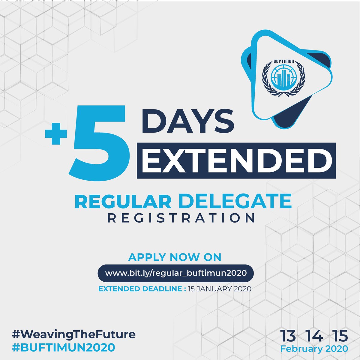 buftmuna's tweet photo. 5 DAYS EXTENDED for Regular Delegate Registration!
Apply Here: https://t.co/A6H5xUC8kO
Extended Deadline: 15 January 2020
#WeavingTheFuture
#BUFTIMUN2020
#VisionariesToChange
#BUFTMUNA https://t.co/rOVH8CKuGZ
