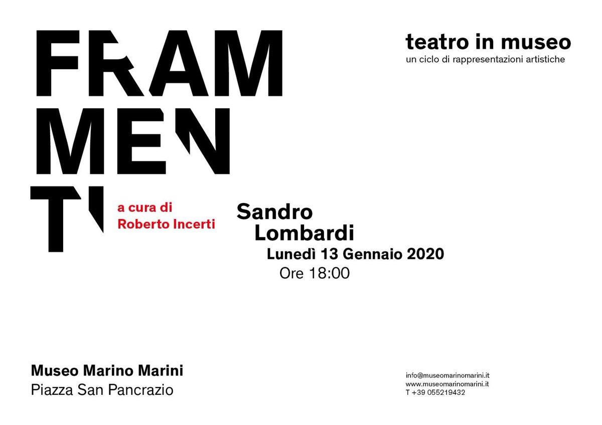 MuseoMariniFi's tweet photo. 🎯 Al via la rassegna “Frammenti. Teatro in museo” a cura di #RobertoIncerti, giornalista e storico critico teatrale di @rep_firenze 

🗓 Si parte lunedì #13gennaio con l'attore #SandroLombardi 

🕓 Ore 18.00, ingresso gratuito https://t.co/VPGtXxgZ6a