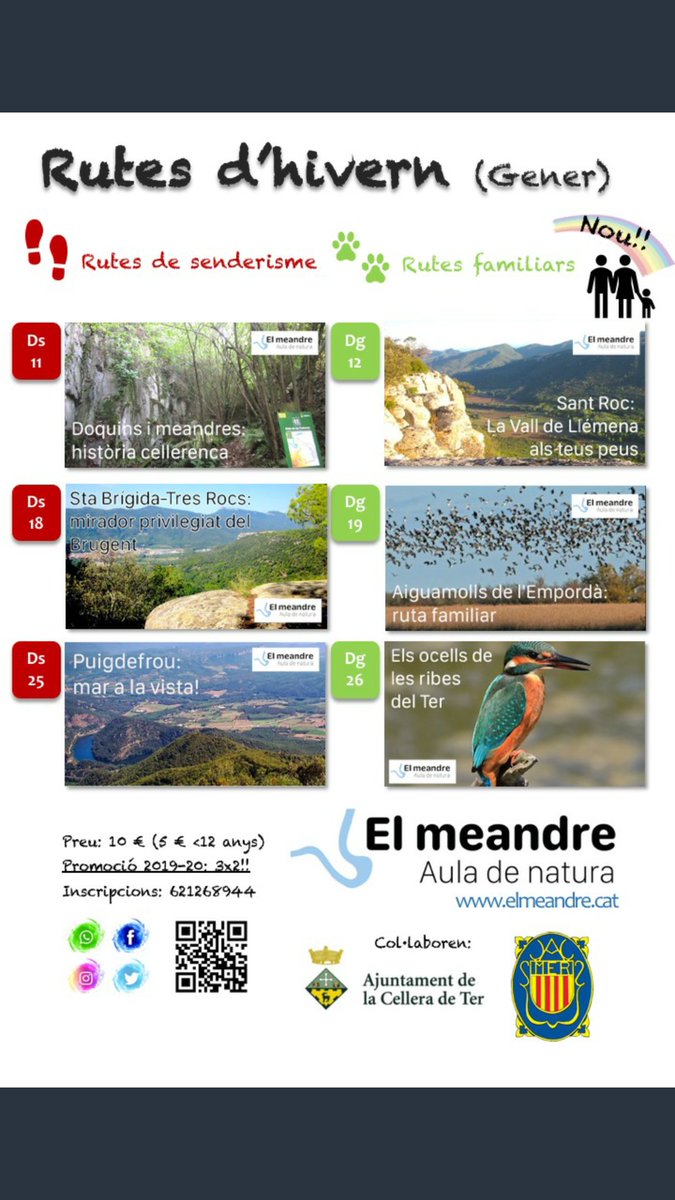 SocEcoturista's tweet photo. Amb ganes de tornar a fer rutes guiades per la #natura?
Us proposem una sèrie de rutes ofertades pel @el_meandre a la Cellera del Ter.
#ElMeandre #Ecoturisme #Catalunya
📱621268944
💰Adults 10€/Nens 5€
✔️Promoció 3x2 https://t.co/WVX1nmHqqv