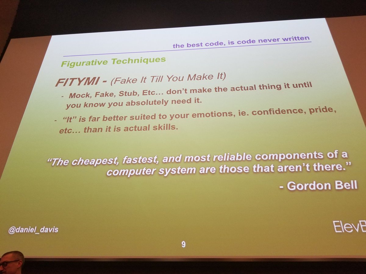 dev3l_'s tweet photo. Attended: The best code, is the code never written
- @daniel_davis

2.8 Trillion cost for poor quality code

Code &amp; the nerds that create it are expensive

Figurative:
YAGNI
- lines of code are liability
NIH
- use available

^60m
#codemash2020
https://t.co/uhztPSoZz3 https://t.co/xuW0tzUSIO