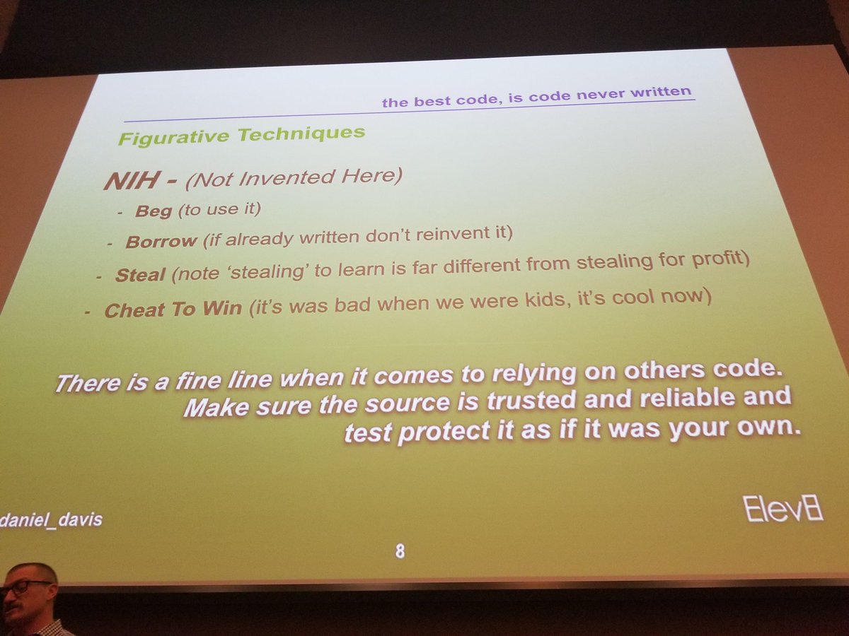 dev3l_'s tweet photo. Attended: The best code, is the code never written
- @daniel_davis

2.8 Trillion cost for poor quality code

Code &amp; the nerds that create it are expensive

Figurative:
YAGNI
- lines of code are liability
NIH
- use available

^60m
#codemash2020
https://t.co/uhztPSoZz3 https://t.co/xuW0tzUSIO