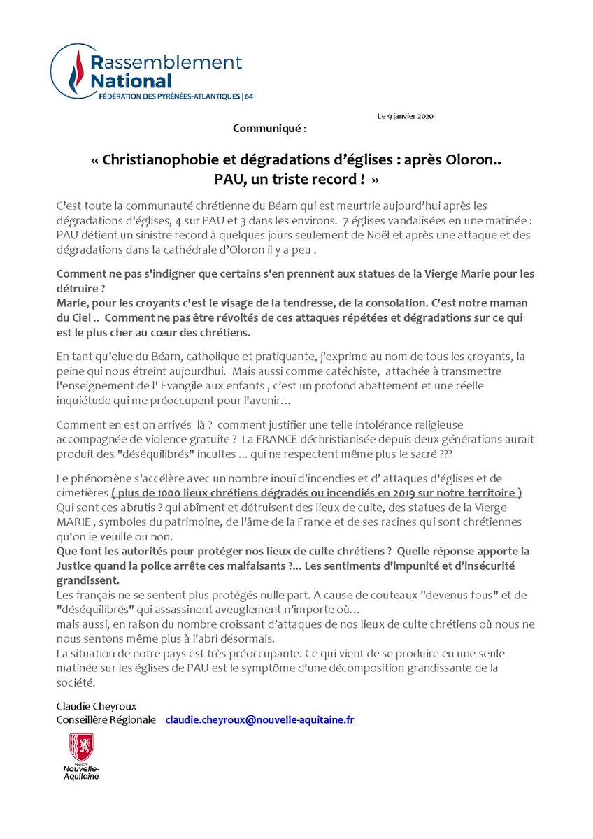 RNational_NA's tweet photo. 7 églises saccagées à Pau et ses environs, des statues de Marie vandalisées...
https://t.co/zbV3AugfSH
Retrouvez la réaction de Claudie Cheyroux, notre Conseillère régionale élue dans le Béarn :
#christianophobie #Pau #Lons #Mourenx #Artix #Denguin #Faitsdivers #identite https://t.co/qk678ax8Td