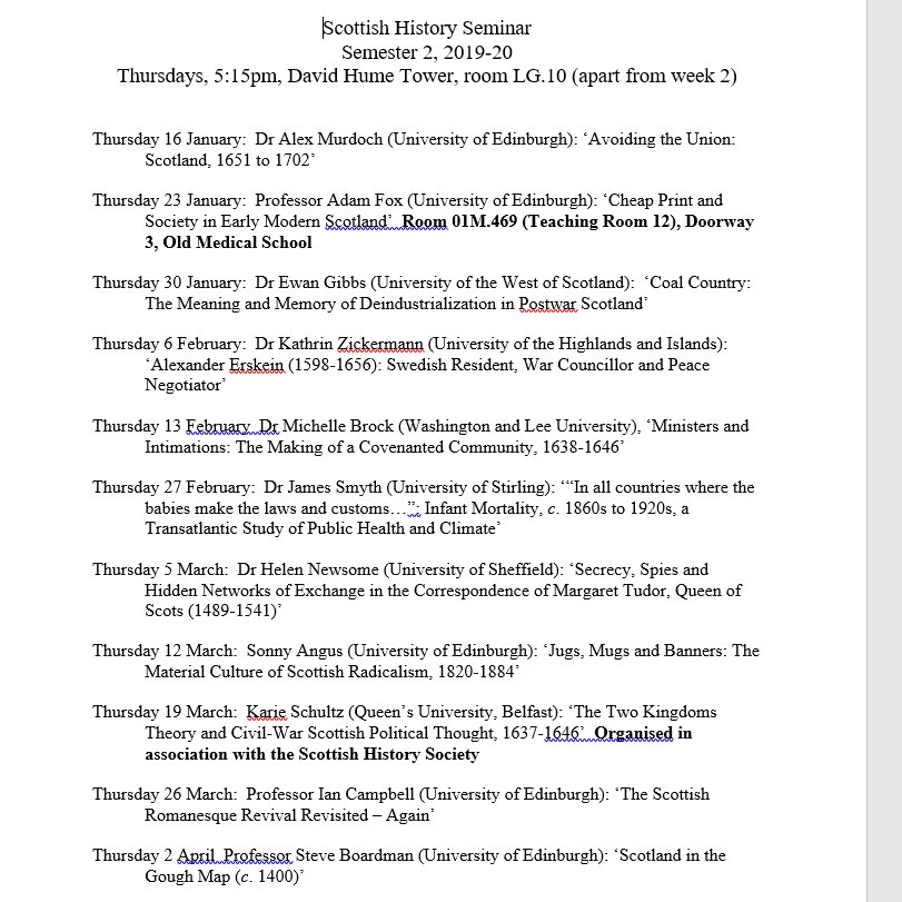 The schedule for this semester's Scottish History seminars is now available to view.