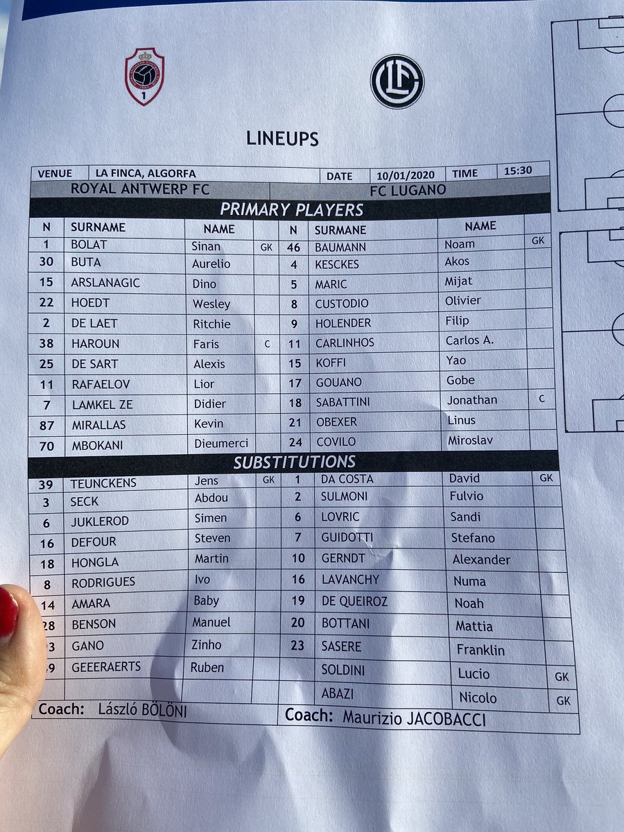 Starting #11 <a href="/FCLugano1908/">FC Lugano</a> amichevole a La Finca <a href="/official_rafc/">Royal Antwerp FC</a>