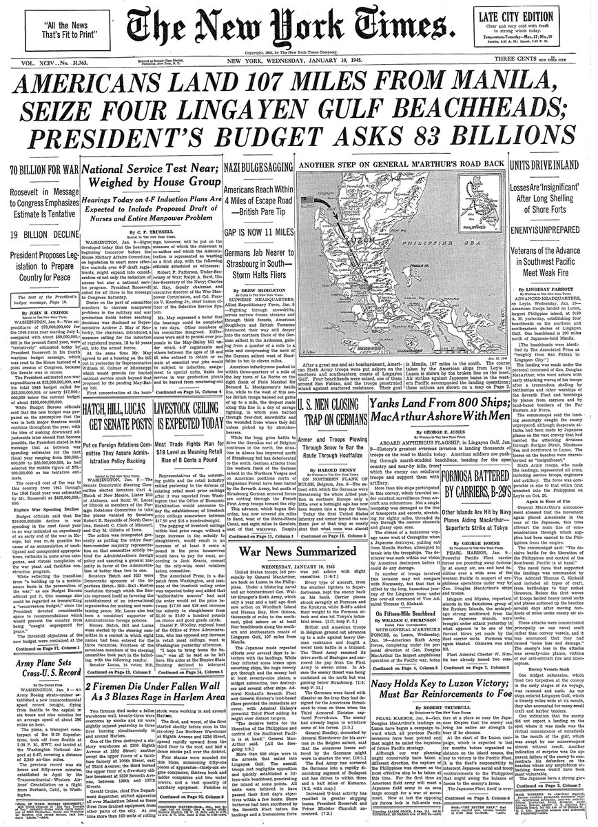 Jan. 10, 1945: Americans Land 107 Miles From Manila, Seize Four Lingayen Gulf Beachheads; President’s Budget Asks 83 Billions  https://nyti.ms/37Q1Qef 