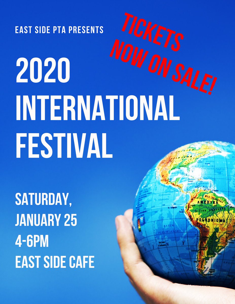 EastsideElemPTA's tweet photo. Join us at the 2020 International Festival on 1/25 from 4-6pm to ‘travel’ around the globe and taste yummy foods! Visit the link to purchase $8 tix through 1/22. Tix will be available at the door for $10 and are cash only. https://t.co/gswOmDUtaz
#EastSidePTA
#EastSideEaglePride https://t.co/1XlyNcukjr