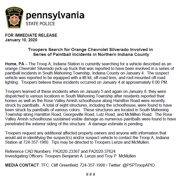 PSPTroopAPIO's tweet photo. Troopers are working to ID an orange Chevrolet Silverado with a lift kit, off-road tires, and roof-mounted off-road lighting that was involved in a series of paintball incidents Jan. 4 in Home, PA. Several homes and an Amish schoolhouse were struck. Call 724-357-1960 with tips. https://t.co/tK35XiL8v3