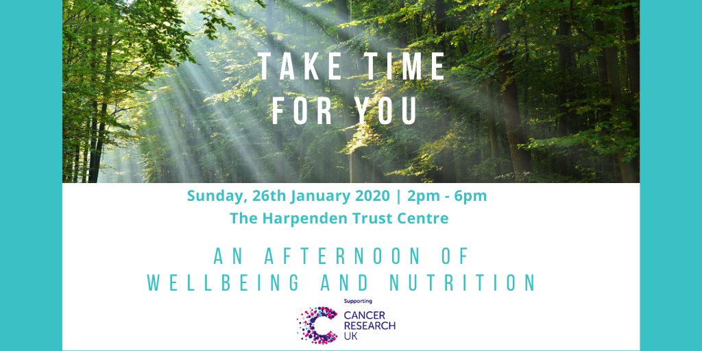 Excited to be organising #Taketimeforyou20 an afternoon of Wellbeing and Nutrition to raise money for <a href="/CR_UK/">Cancer Research UK</a> 
Including Tai Chi, nutrition talk, Gong Bath, plus great stalls from local businesses! Book tickets here bit.ly/37UTKRG  📅26/01 ⌚️2pm - 6pm
<a href="/HarpendenTown/">Harpenden Town Council</a>
