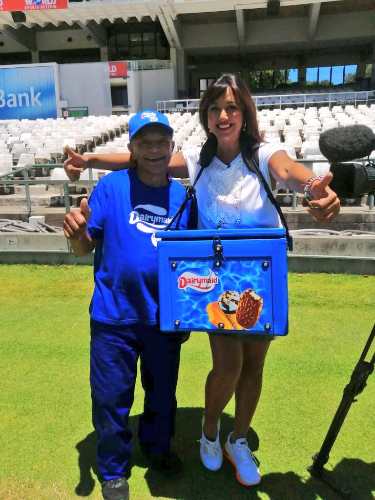 TanyaNefdt's tweet photo. Today I learnt how to sell ice-creams from the best in the business!😍 He's loved by all and his sucker is guaranteed to keep you wakker! #BoetaCassiem celebrates 55 years in the business and still going strong👏🏽We had such a lekker chat, so  please catch the story on @eNCA https://t.co/NVSED8riCw