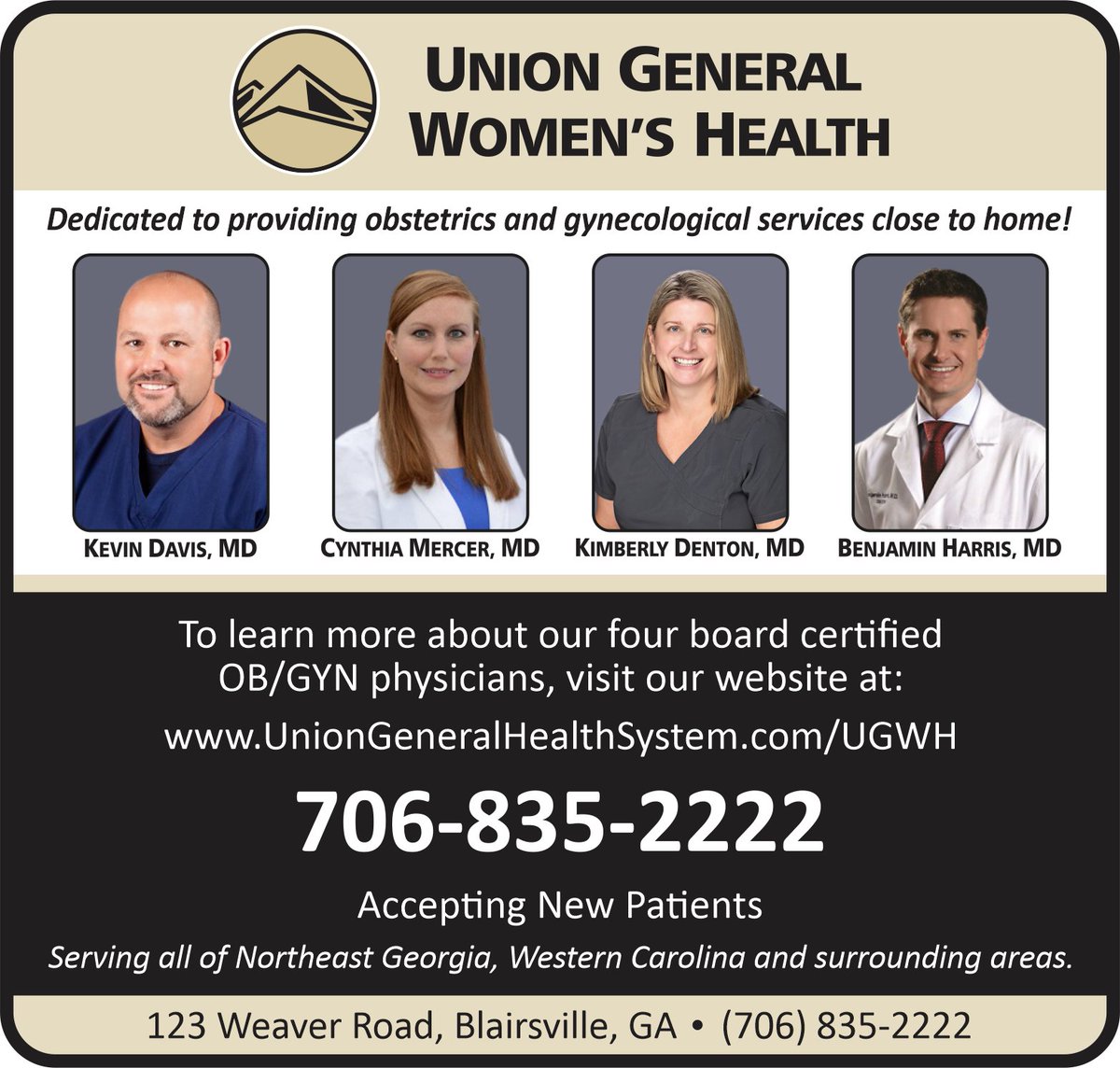 Check out our affiliated facility, Union General Women's Health, for all of your obstetrics and gynecological services. They provide exceptional women's health close to home!

To learn more, visit their website at - uniongeneralhealthsystem.com/ugwh