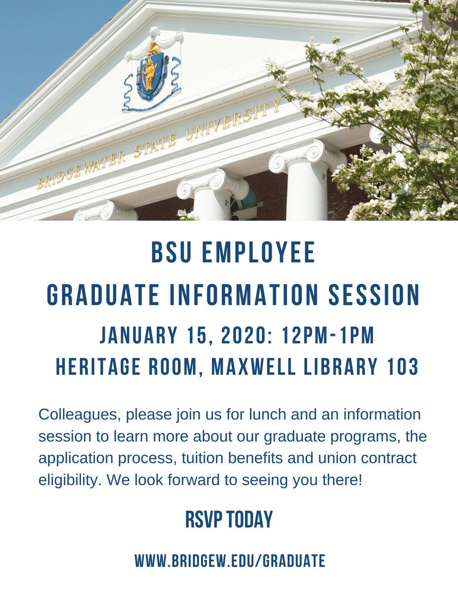 BSU_Grad's tweet photo. Are you a BSU employee? If yes, RSVP today for an informative lunch to learn more about our graduate programs.  We look forward to sharing the information with you!
.
.
.
.
#employeeinfo #bsusession #infosession #collegerep #bsu #infosession #collegerep #bsu #mastersdegree https://t.co/RWuXNa7v5K