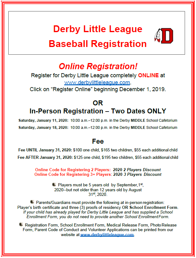 First in-person registration will be held this Saturday, January 11 from 10:00 a.m.-12:00 p.m. at Derby Middle School Cafeteria.