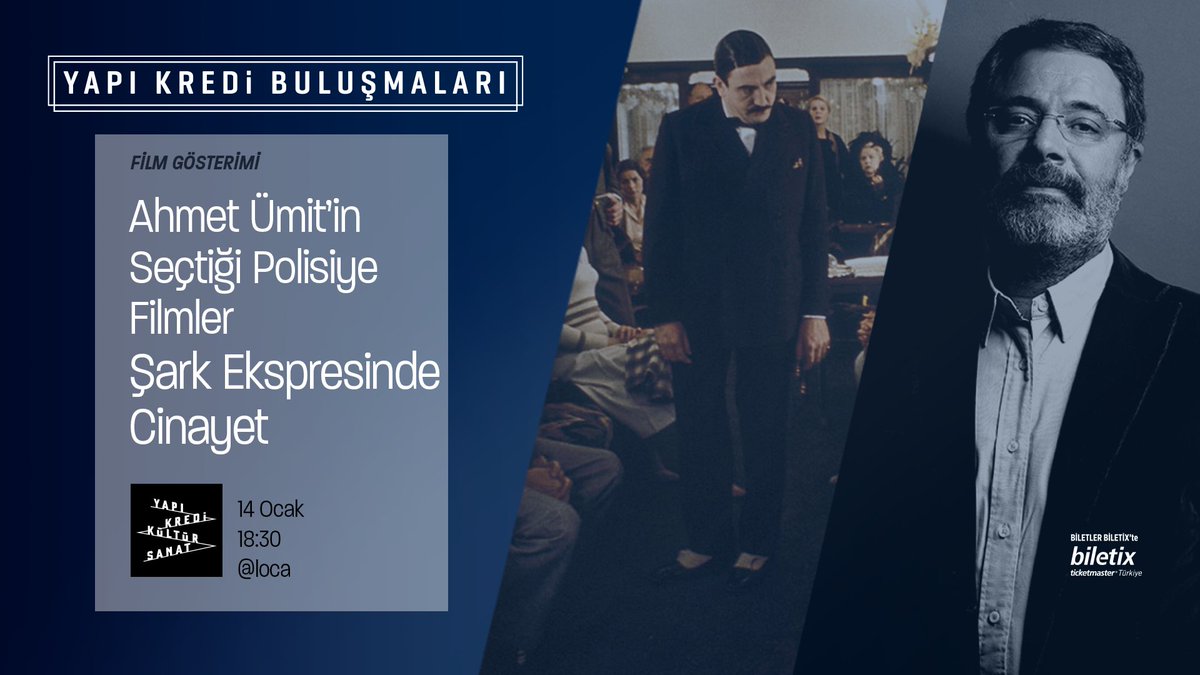 YapiKrediKultur's tweet photo. Ahmet Ümit @baskomsernevzat, sevdiği polisiye filmleri okurlarıyla paylaşıyor. “Şark Ekspresi’nde Cinayet” 14 Ocak Salı 18:30’da film keyfini tat, koku, dokunma duyularıyla buluşturan @TastyCinema deneyimiyle #YapıKrediKültürSanat'ta. Biletler @biletix'te: https://t.co/ns9haPbs9x https://t.co/jA1qb80fW2