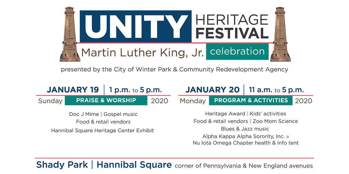 WinterParkFla's tweet photo. Join us next weekend in Hannibal Square for a celebration of the legacy of Dr. Martin Luther King, jr.
https://t.co/u2wzVuTWSH

#WinterParkFla #HannibalSquare #DrMartinLutherKingjr https://t.co/vEdaOwMWS7