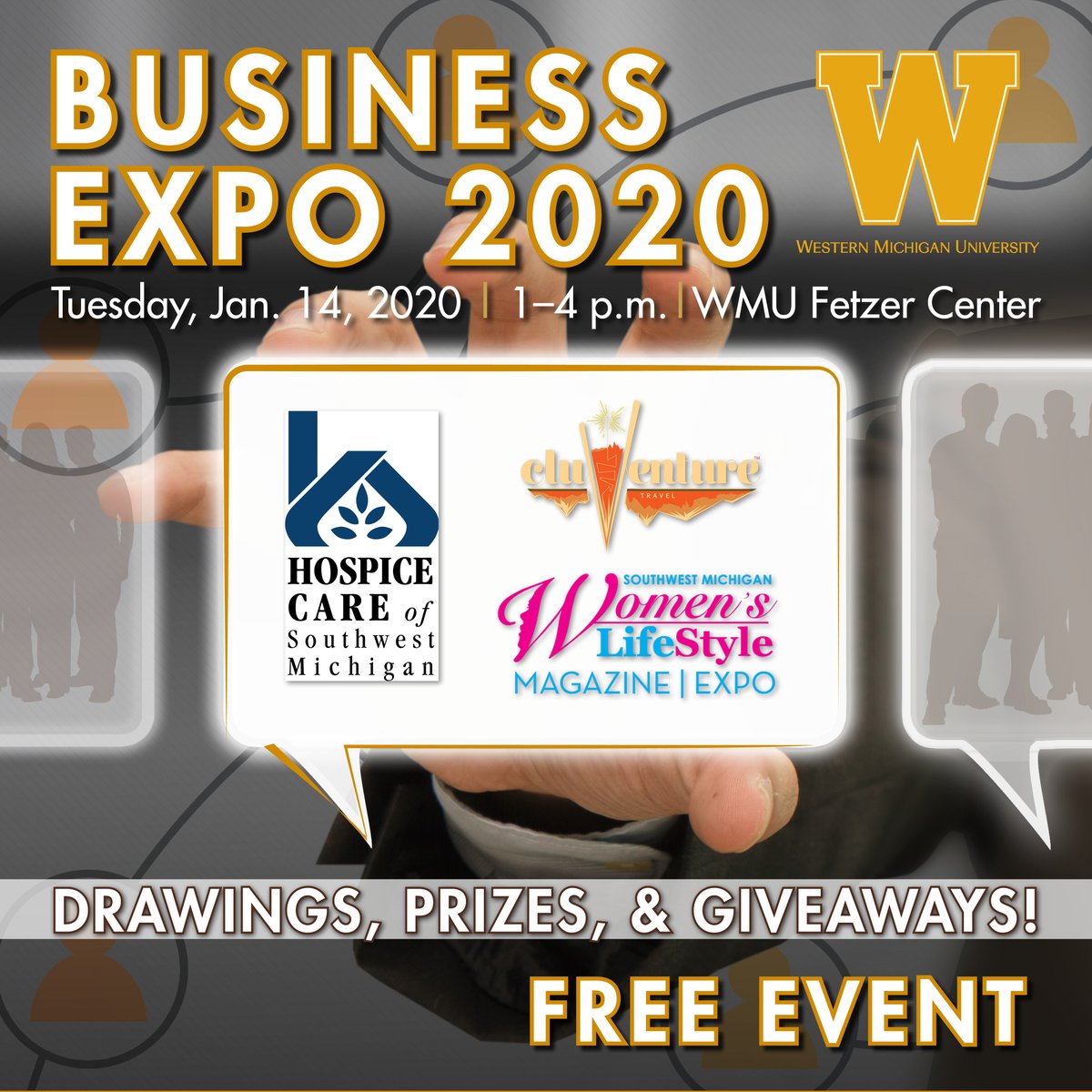FetzerCenter's tweet photo. Local businesses such as Hospice Care of Southwest Michigan, CluVenture, and Southwest Michigan Women's Lifestyle are coming for the WMU Connect Business Expo happening next Tuesday, Jan. 14! RSVP at https://t.co/ua1cIGgXKN, we'll see you there! https://t.co/8e5PMZL7iT