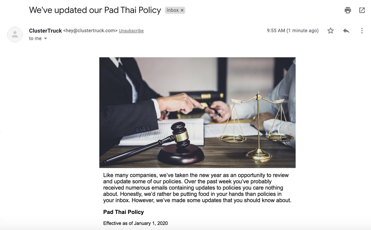 Is it possible to love a privacy policy email? Well done, <a href="/clustertruck/">ClusterTruck</a>! #emailgeeks