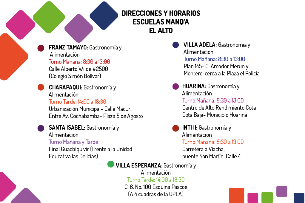 ManqaEscuelas's tweet photo. Compartimos también las DIRECCIONES, ESPECIALIDADES y HORARIOS DE CLASES disponibles en nuestras escuelas #MANQA de EL ALTO https://t.co/GyjTbNQczP