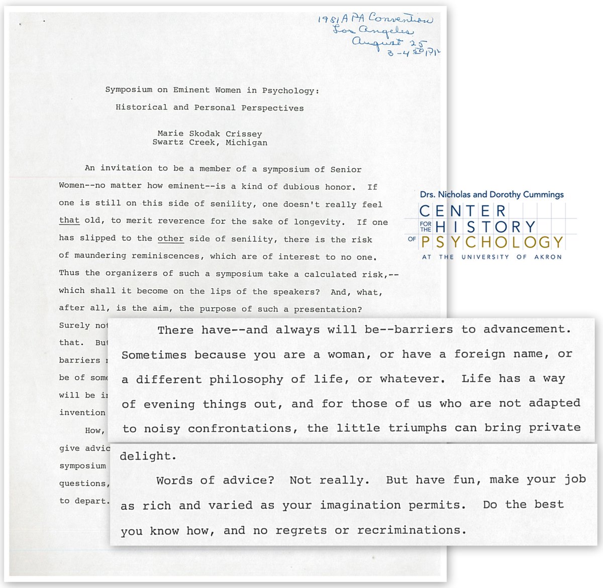 CCHPsych's tweet photo. Psychologist Marie Skodak Crissey was born on this day in 1910. Today’s #CCHPgem is Crissey’s invited address as part of @APA‘s Symposium on Eminent Women in Psychology (1981). “Do the best you know how, and no regrets or recriminations.” https://t.co/faYnShISwD