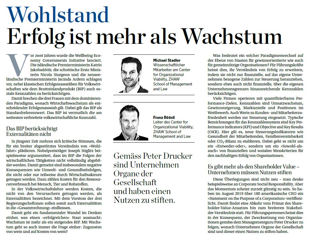 Es gibt mehr als den #ShareholderValue - Unternehmen müssen #Nutzen stiften. <a href="/roeoesli/">Franz Röösli</a> und <a href="/stadlerstrategy/">Michael Stadler</a> in der <a href="/Handelszeitung/">Handelszeitung</a> vom 9. Januar 2020 über #Wohlstand und warum #Erfolg mehr ist als Wachstum allein: