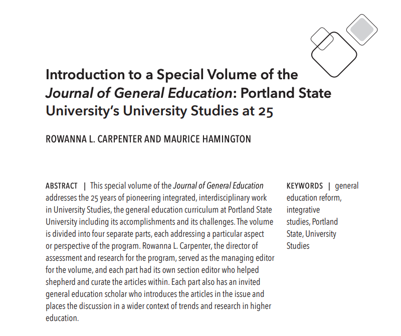 JGenEdu's tweet photo. Daily next week @JGenEdu will feature an article from our recent special volume (4 issues!) on @PortlandStateUn's revolutionary #GenEd program. Take a sneak peek with the intro written by guest editors Rowanna Carpenter &amp; Maurice Hamington https://t.co/5jDLJvKm8s @insidehighered https://t.co/GzeMntoQjZ