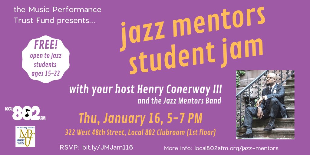 Local_802_AFM's tweet photo. Calling all 802 jazz teachers: your students ages 15-22 are invited to play with the fantastic @thehc3, Kelly Green, and @JonMichel at the next #JMStudentJam! On Thu, Jan 16 at 5 PM, join us at 802 to get a taste of the professional jazz scene! RSVP here: https://t.co/boR5eoSpCK https://t.co/oKKwT8Lzc1