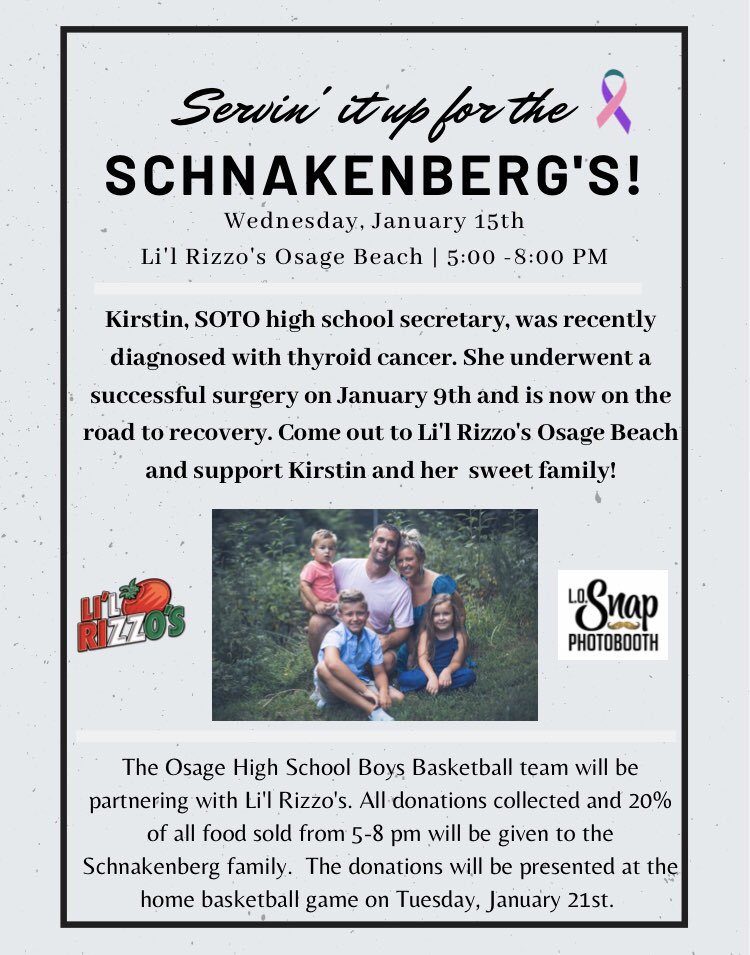 Mark your calendars for NEXT Wednesday, January 15th from 5-8pm at Li’l Rizzo’s Osage Beach (by the mall)! Li’l Rizzo’s has graciously offered to host the event AND donate 20% of food sales. Come out and support this sweet family!!!!!