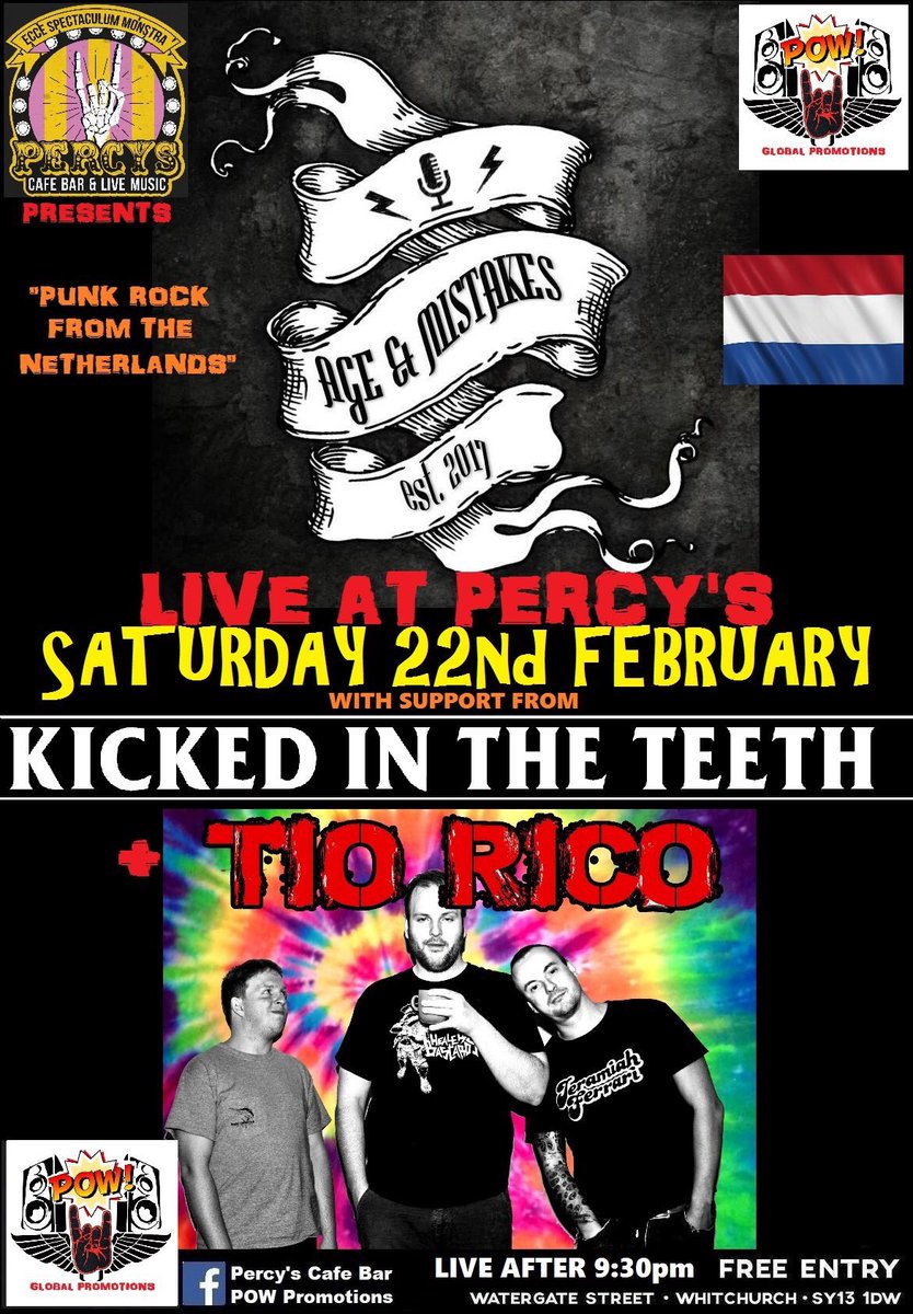 Tioricoband's tweet photo. This should be a fun one, our first time to @PercysCafeBar on Feb 22nd.
 With Age and Mistakes from Holland and the excellent Kicked In The Teeth 
*
#Tiorico #tioricoband #percysbar  #kickedintheteeth #ageandmistakes #whitchurch #punk #hardcore #grunge #hardcorepunk #grungepunk https://t.co/EWIwvp5qDJ