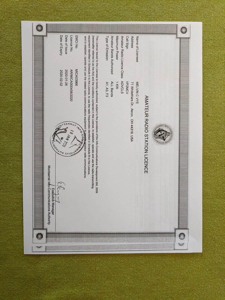 MelW8MV's tweet photo. I have received my Amateur Radio License to operate on the island of Montserrat from 26/Jan until 2/Feb.  Operation will be primarily FM satellites.  Some HF equipment may be available for CW operation. https://t.co/CnXwNoh4Ip