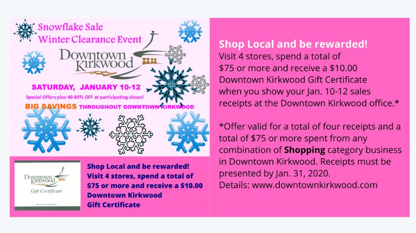 Downtown Kirkwood Snowflake Sale starts today! You'll find big sales and specials throughout Downtown Kirkwood--whether we have snow or no snow. 
#downtownkirkwood #dtk