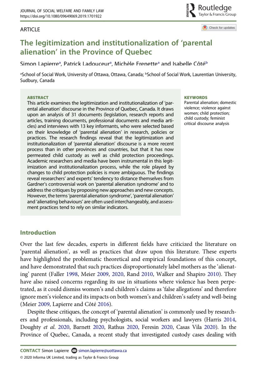 Our article on ‘parental alienation’ published in the Journal of Social Welfare and Family Law is now available online. It is part of a special issue that I co-edited with my colleague Elizabeth Sheehy, which includes several other articles on this topic. @IsaCote066