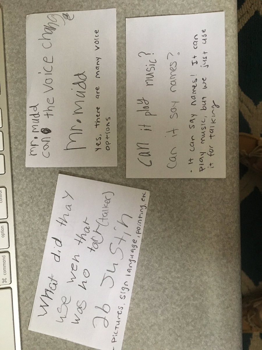 Ms. Buckmire’s second graders at @liljalions were interested in how we communicate and how some people need a little extra help using #AAC and #AssistiveTechnology. They wrote thoughtful questions and got the answers from #AACusers in K1B! <a href="/jbuckmire2/">jovanne buckmire</a> <a href="/natickps/">Natick Public Schools</a> <a href="/LuffTim/">Timothy Luff</a>