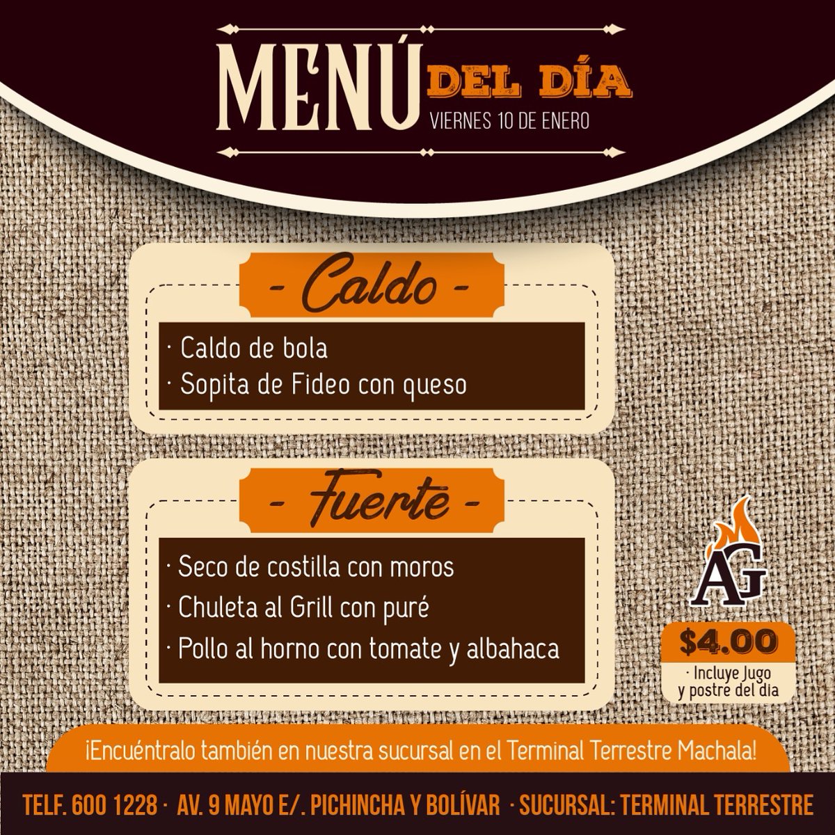 DAngeloGrill's tweet photo. ¡Llegó el viernes! y necesitamos cerrar la semana con broche de oro.
Visítanos y prueba este delicioso menú del día 😋. Disponible también en nuestra nueva sucursal en el Terminal Terrestre de Machala.
·
·
·
#DAngeloGrill #Viernes #Almuerzos #RestauranteMachala https://t.co/KZ37I35fMu