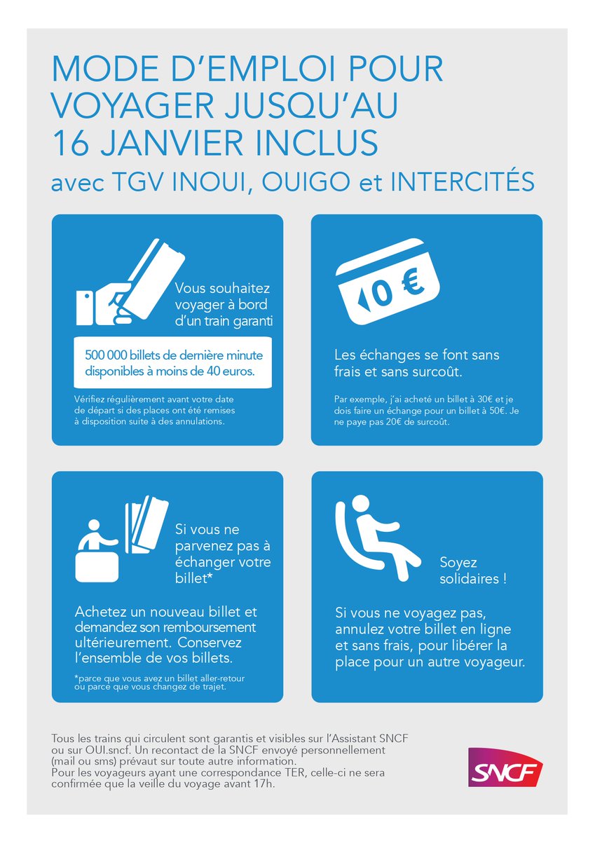Dès lundi 13 janvier, retour progressif à la normale sur l'ensemble de nos destinations.
Avec 9 TGV sur 10, le trafic sera quasi normal au départ et à destination de Paris.
Tous ls jours des places sont disponibles et nous proposons ainsi 500 000 places à moins de 40 euros.
<a href="/SNCF/">❌</a>