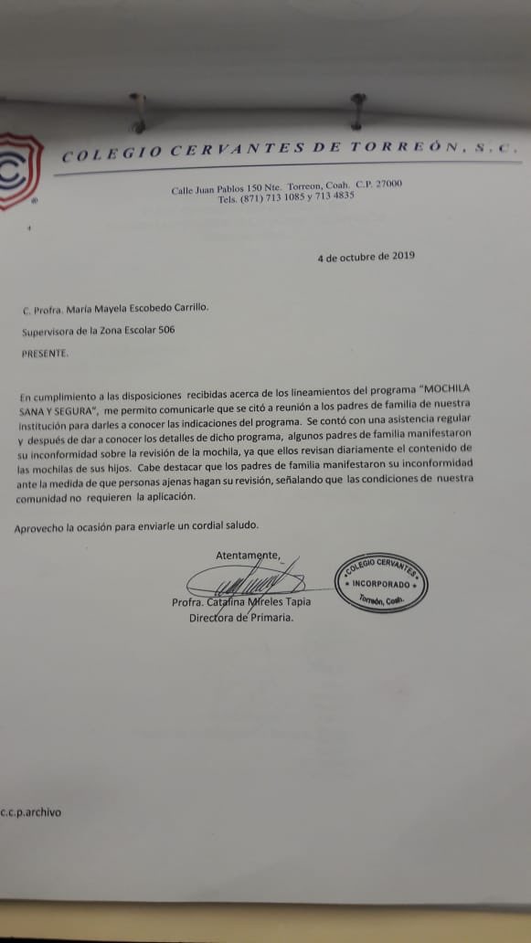 Hace tres meses se presentó el Programa “Mochila Sana y Segura”, para revisar las pertenencias de los alumnos del Colegio Cervantes, de #Torreón, pero no hubo acuerdo con los padres de familia