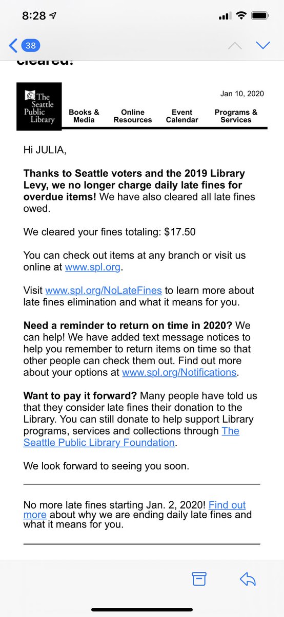juliagrantreed's tweet photo. As a teenager, I was referred to a collections agency by @SPLBuzz over $80 in unpaid library fines. I had to list that on my first security clearance application (they did not feel this made me a threat to the nation). Today I got this email! #thanksSeattle #yaylibraries #freedom https://t.co/lzTlJe6IAT