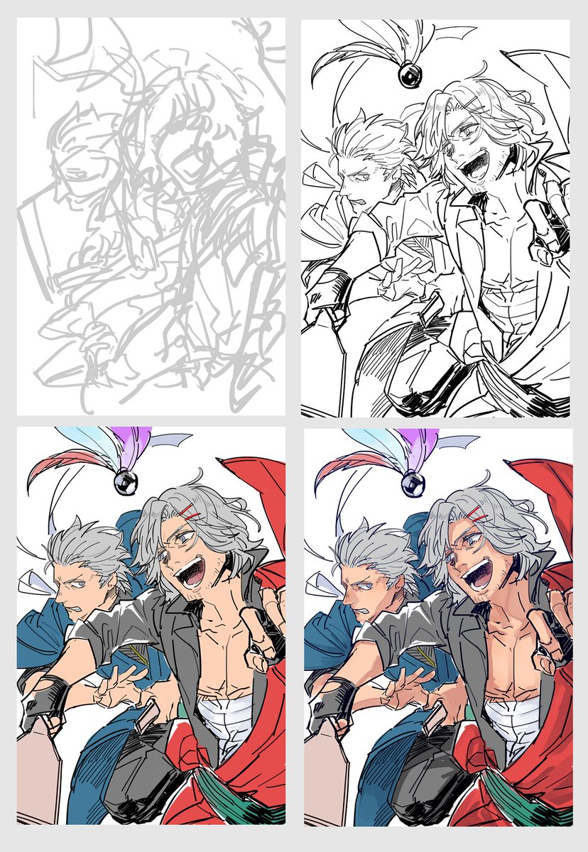 お題箱でメイキングをとメッセを頂きましたので、毎度こんな感じで描いてます。色も線も不透明水彩でぐりぐりしてます(下書き→線画→色わけ→影つけ→グラデ張り付け→ハイライト&調整)
