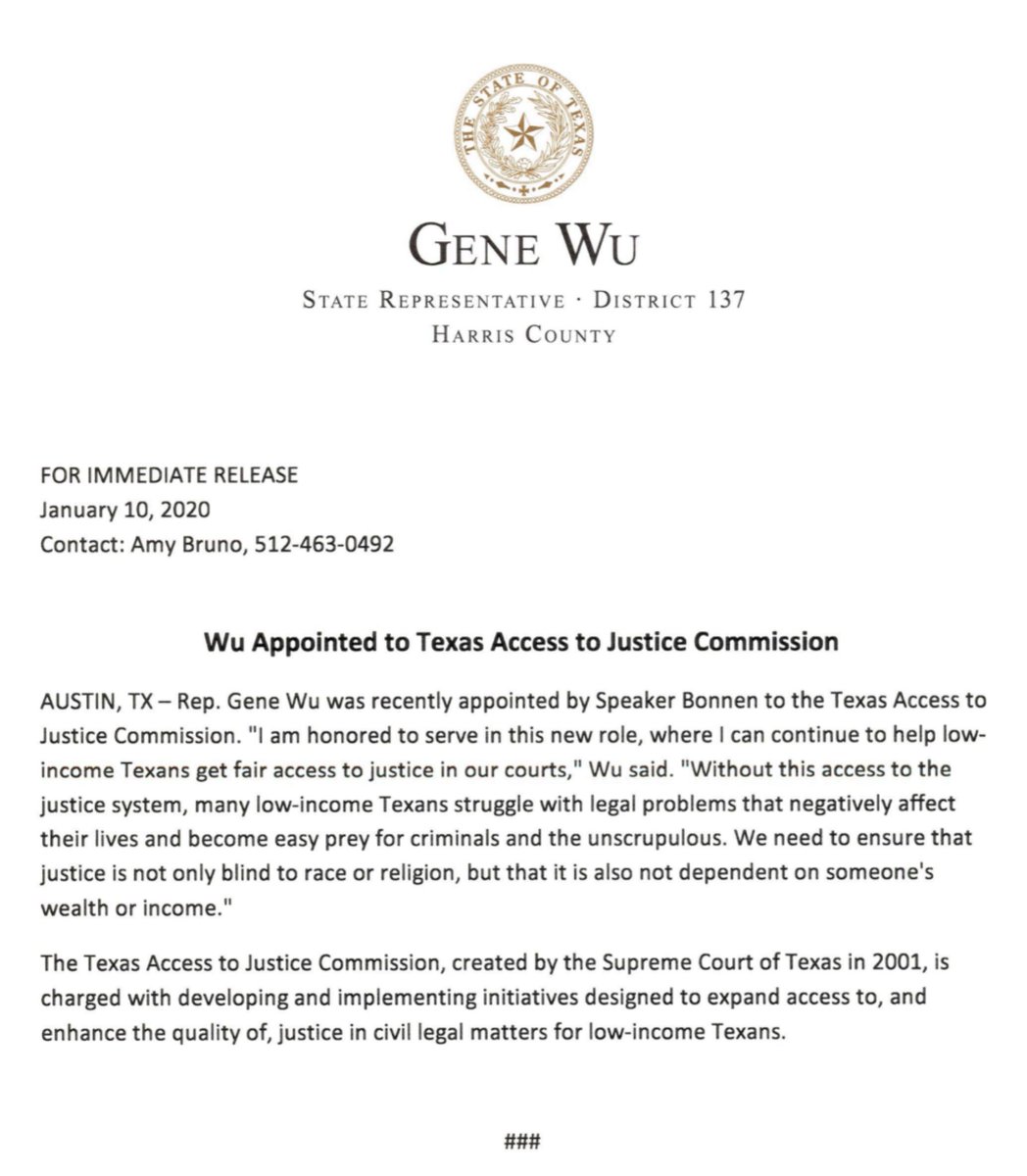 GeneforTexas's tweet photo. I am super excited to be appointed to the Texas Access to Justice Commission! I've wanted to be on here for a long time.

Equalizing access to the courts for poor and indigent people strengthens our democracy.

Thank you to Speaker Bonnen for the consideration.

#txlege https://t.co/BR9Ra0Tf1G