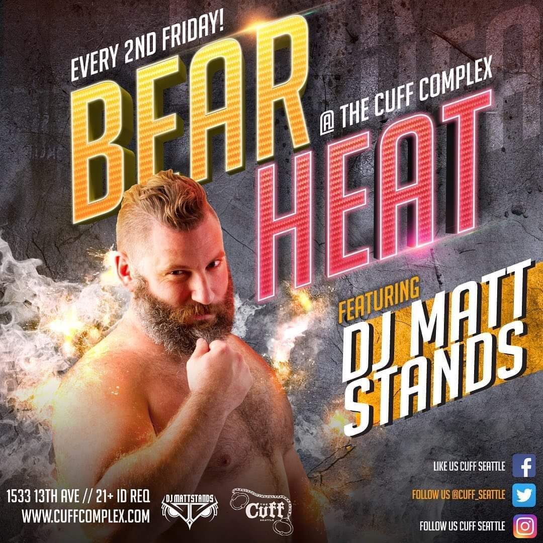 Tonight is No Cover Fridays at <a href="/TheCuffComplex/">The Cuff Complex</a>.  Lots of events lined up for the community starting with Rain Country Dance Association from 7p-11p.  SEA-PAH is hosting their Pups and Handler meet up.  I'll be on the decks from 10p-3a for our monthly Bear Heat every 2nd Friday.