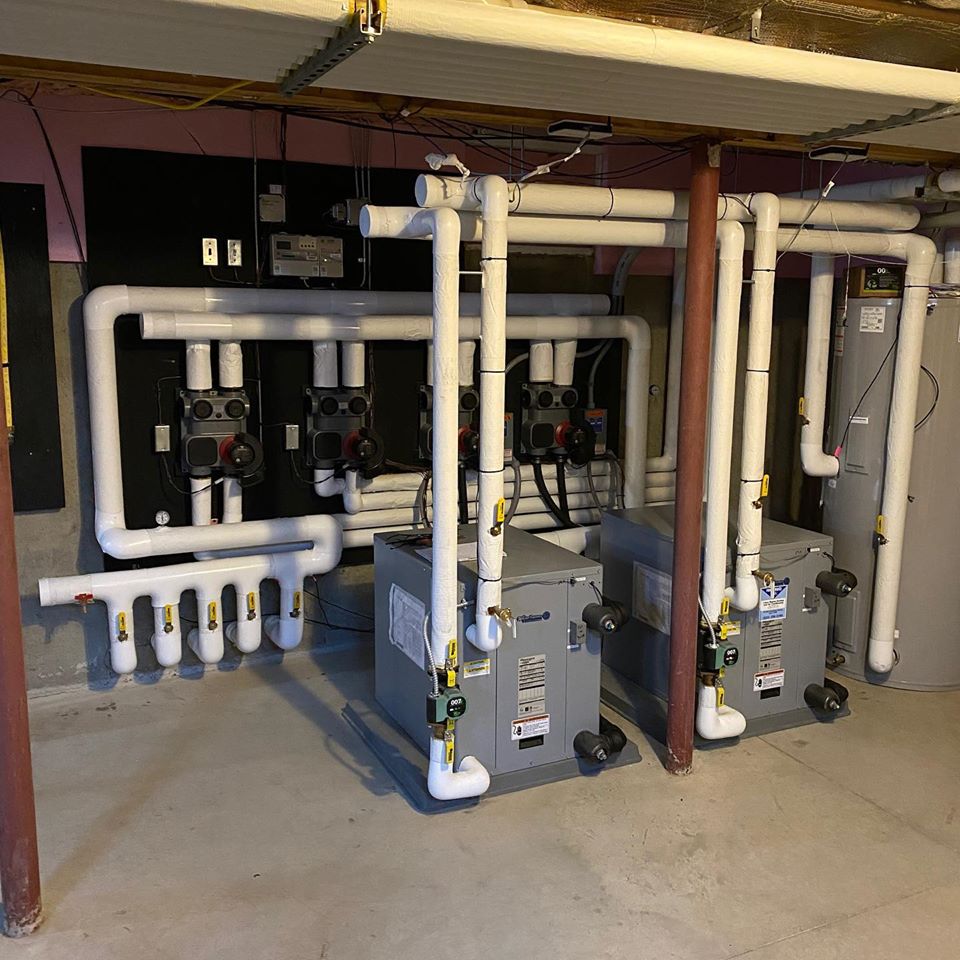 LRHVAC's tweet photo. From a recent geothermal upgrade project. This had 2 existing boilers in opposite ends of the house with a combo of radiant &amp; baseboard heat. We added the geothermal hydronic system &amp; the 2 geothermal air handlers &amp; kept 1 of the existing boilers for supplemental heat. https://t.co/O0U59coi8o