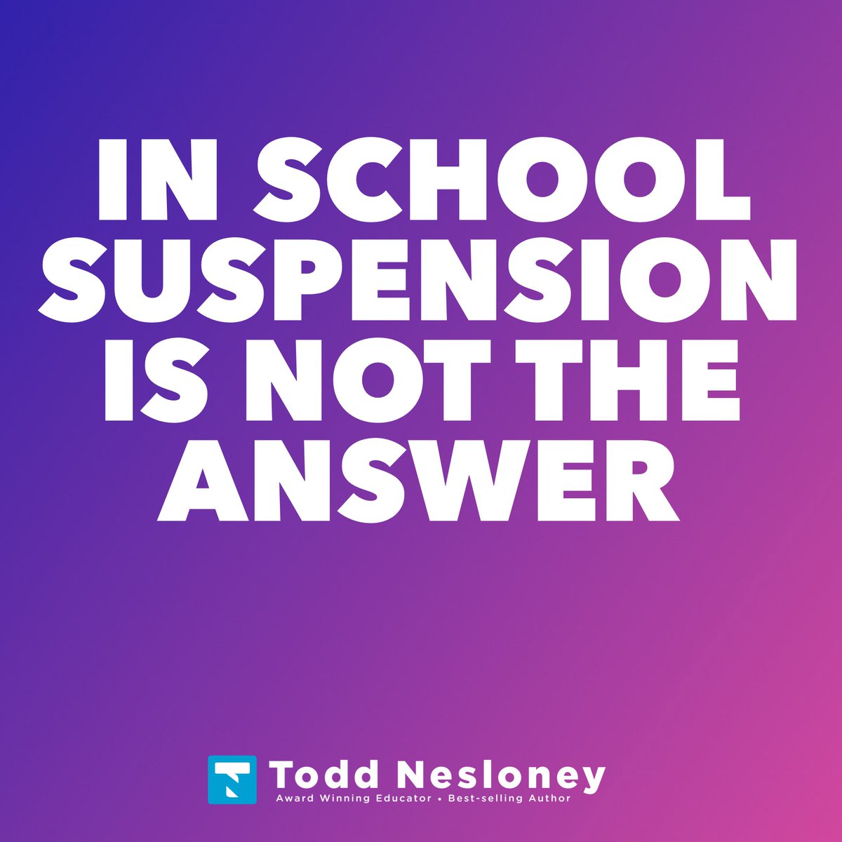 TechNinjaTodd's tweet image. This may not be a very popular belief, but it’s one that’s important to me.

I believe that In School Suspension (ISS) is NOT the answer.

Schools who just place kids in ISS because they broke a rule and “deserve” that consequence find that the behavior never really changes.