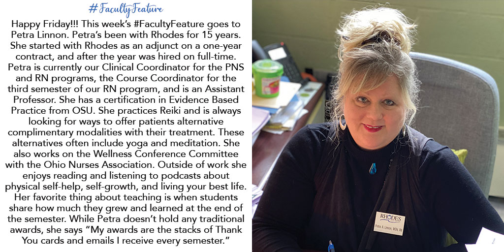 RhodesStateLima's tweet photo. "Happy Friday!!! This week’s #FacultyFeature goes to Petra Linnon. Petra’s been with Rhodes for 15 years. She started with Rhodes as an adjunct on a one-year contract, and after the year was hired on full-time..." https://t.co/9ITiHbiylI
