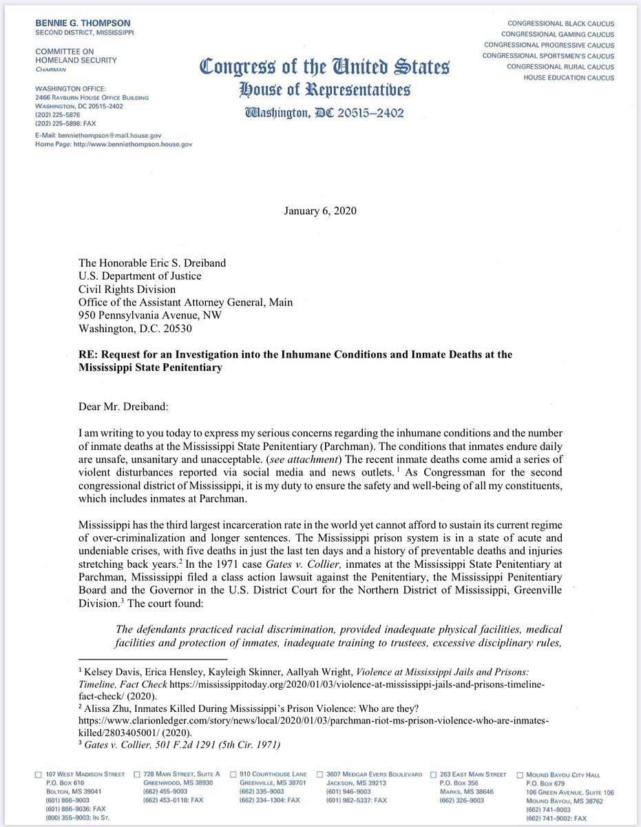BennieGThompson's tweet photo. It is my duty to ensure the safety and well-being of all my constituents. State politicians must be held accountable for refusing to address the widespread violence and unsanitary conditions involving inmates. #DontForgetParchman https://t.co/PRi3mxQtxY