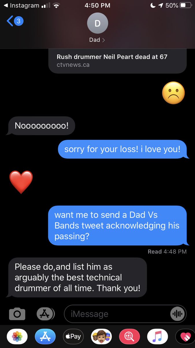dadvsbands's tweet photo. Rest in peace, Neil Peart. Dad’s statement is attached. Duly noted: Peart is arguably the best technical drummer of all time. https://t.co/7hKvVbp1Tq