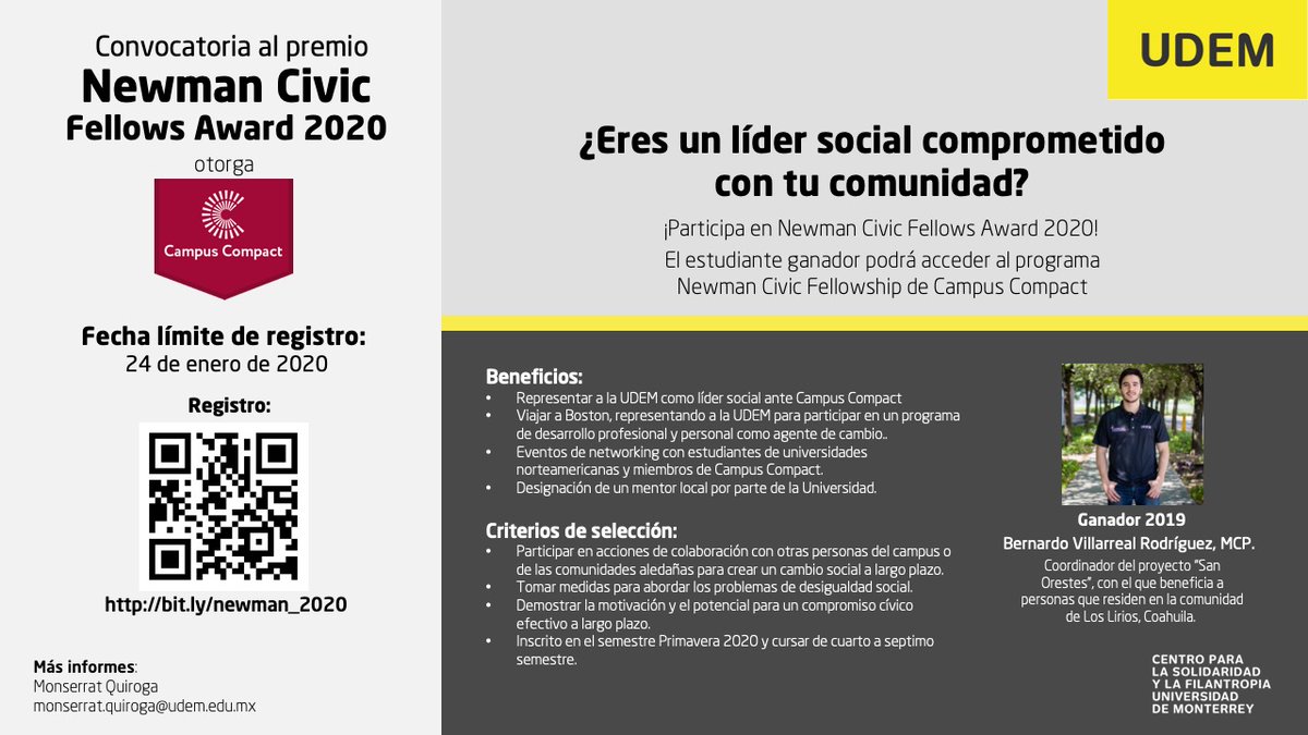 Campuslifeudem's tweet image. ¿Eres un líder social comprometido con tu comunidad? 

¡Participa en la convocatoria Newman Civic Fellows Award 2020! para mayor información #campuscompact  #trascenderUDEM

bit.ly/newman_2020